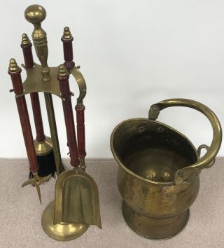 Antique/vintage Solid Brass Coal Bucket/scuttle With Fire Tool Accessorie Set