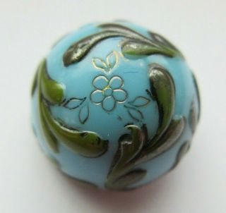 Antique Vtg Victorian Turquoise Glass Button Enamel Floral Design (y)