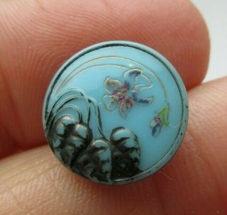 Exquisite Antique Vtg Turquoise Glass Button Art Nouveau Flowers 5/8 " (y)