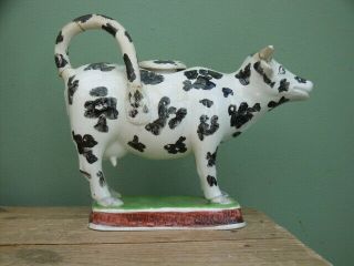 19thc Staffordshire Black & White Spotted Cow Creamer Figure C.  1820 