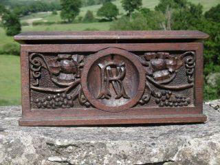 19thc Large Black Forest Oak Carved Box With Monogram