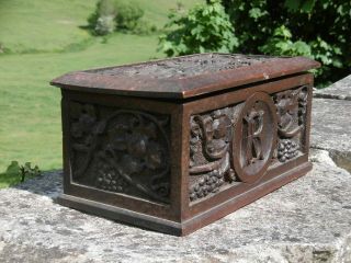 19thc LARGE BLACK FOREST OAK CARVED BOX WITH MONOGRAM 3