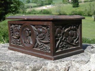 19thc LARGE BLACK FOREST OAK CARVED BOX WITH MONOGRAM 5