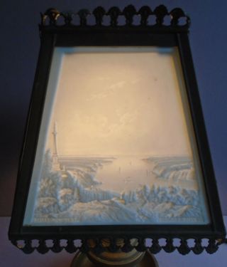 Antique Lithophane Lamp Shade - Niagara River - Brock ' s Monument 2 cracked panels 2