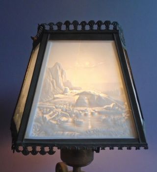 Antique Lithophane Lamp Shade - Niagara River - Brock ' s Monument 2 cracked panels 3