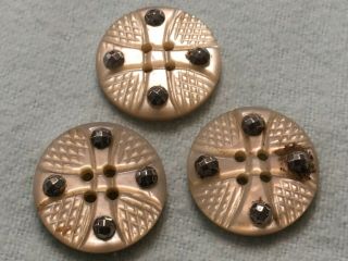 Set Antique 3 Shell Mother Of Pearl Riveted Steel Buttons Carved