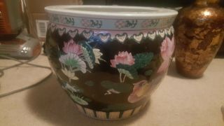 Antique Chinese Famille Noir Porcelain 12 " Fishbowl Planter Vase - Cachepot Pot