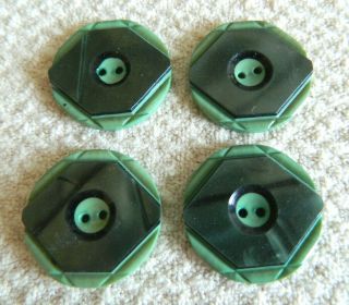 Set Of 4 Celluloid Green On Green Wafer Buttons Antique Vtg