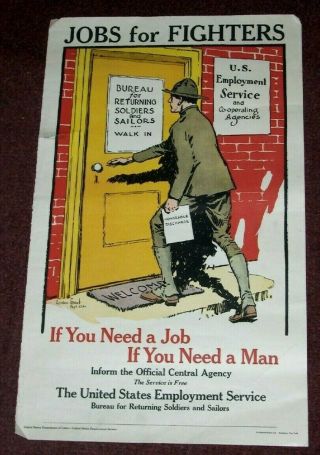 Orig Jobs For Fighers Poster C1918 - 19 Wwi Dept Labor Home Front Gordon Grant Art