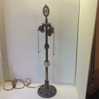 Art Deco Fancy 2 Socket Table Lamp Iron Brass & Houze Glass Vaseline Antique
