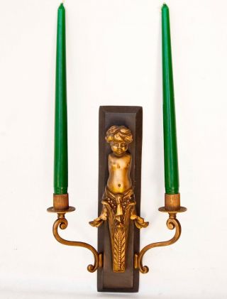 Antique French Rococo Victorian Brass Figural Wall Sconce Cherub 2 Candle Holder