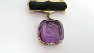 ANTIQUE VICTORIAN AMETHYST CAMEO WAX SEAL FOB & RIBBON CLIP POCKET WATCH CHAIN 2