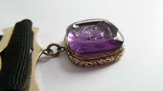 ANTIQUE VICTORIAN AMETHYST CAMEO WAX SEAL FOB & RIBBON CLIP POCKET WATCH CHAIN 4