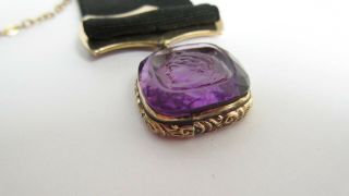 ANTIQUE VICTORIAN AMETHYST CAMEO WAX SEAL FOB & RIBBON CLIP POCKET WATCH CHAIN 6