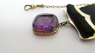 ANTIQUE VICTORIAN AMETHYST CAMEO WAX SEAL FOB & RIBBON CLIP POCKET WATCH CHAIN 7