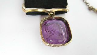ANTIQUE VICTORIAN AMETHYST CAMEO WAX SEAL FOB & RIBBON CLIP POCKET WATCH CHAIN 8