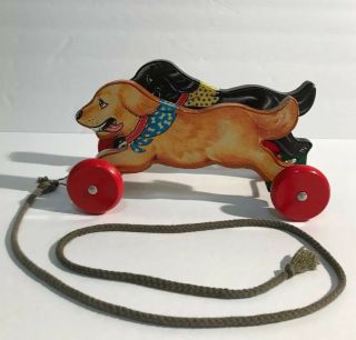 Vintage Two Dogs On Wheels Wooden Wood Childs Pull Toy Labrador Retriever Bell