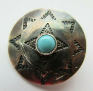Awesome Antique Vtg Southwest Sterling Silver Button W/ Turquoise Center (x)
