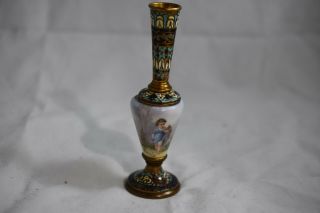 Antique French Porcelain Champleve Bronze Bud Vase,  Signed