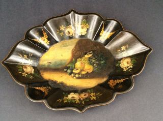 Antique Victorian Hand Painted Lacquered Paper Mache Tray Dish