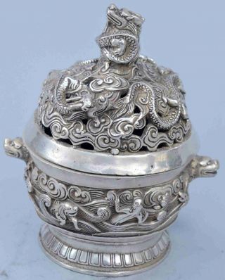Collectable Old Antiques Miao Silver Carve Myth Dragon Ancient Exorcism Evil Box