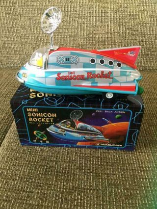 Masudaya Tin Blik Japan Mini Sonicon Sonic Rocket Boxed Rare Vender Wind Spring