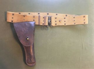 Wwi Us Army Leather Holster For 1911 With Khaki Wwii Pistol Belt
