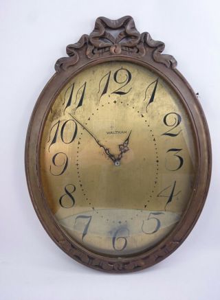 Waltham Wall Clock Antique Oval Art Noveau Wood Frame Brass Tone Quartz Movement