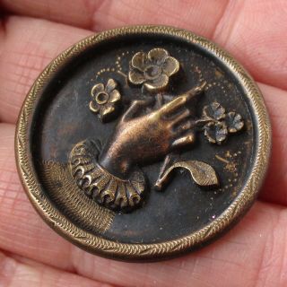 1 5/16 " Antique Stamped Brass Button W Hand Holding Flowers In Relief