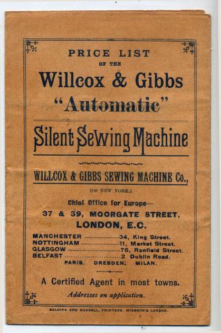 Willcox & Gibbs antique sewing machines price list brochure 2