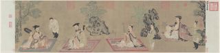 Chinese Old Scroll Painting Scholars And Their Attendants Aside Tang Dynasty