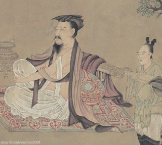Chinese old scroll painting Scholars and their attendants aside Tang dynasty 6