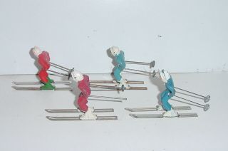 Old 1930s BARCLAY Lead Dimestore Winter Figures,  Female Skiiers On Tin Skis,  4pc 6