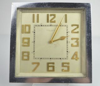 Baume & Mercier Swiss Rare Art Deco Desk Clock Square Chrome Beveled Glass Heavy