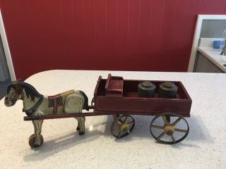 Antique Wooden Toy Horse With Wagon.  S.  A.  Smith Mfg Co.