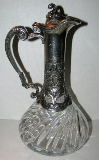 Vintage Crystal Ewer Carafe Silver Pewter Art Nouveau Casing 2