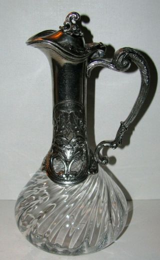 Vintage Crystal Ewer Carafe Silver Pewter Art Nouveau Casing 3