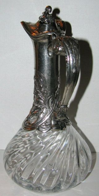 Vintage Crystal Ewer Carafe Silver Pewter Art Nouveau Casing 4