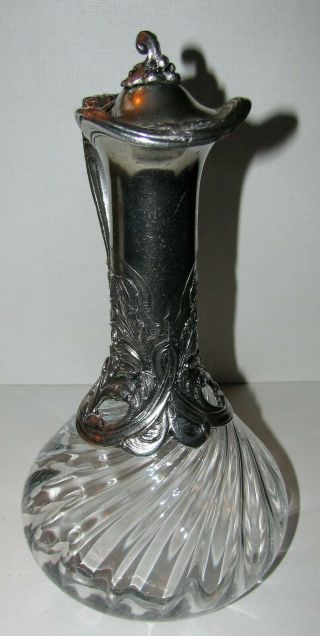 Vintage Crystal Ewer Carafe Silver Pewter Art Nouveau Casing 5