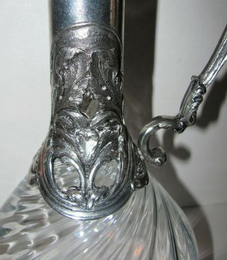 Vintage Crystal Ewer Carafe Silver Pewter Art Nouveau Casing 6