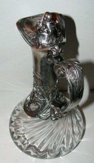 Vintage Crystal Ewer Carafe Silver Pewter Art Nouveau Casing 7