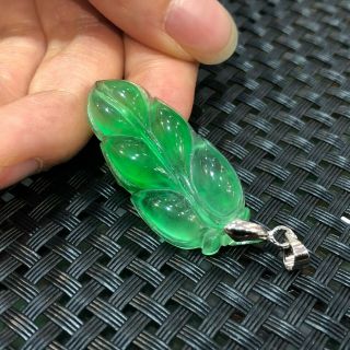 Rare Chinese S925 Silver & Natural Jadeite Jade Handwork Ice Green Leaf Pendant 3