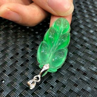 Rare Chinese S925 Silver & Natural Jadeite Jade Handwork Ice Green Leaf Pendant 4