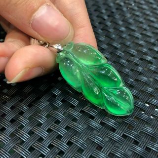 Rare Chinese S925 Silver & Natural Jadeite Jade Handwork Ice Green Leaf Pendant 5