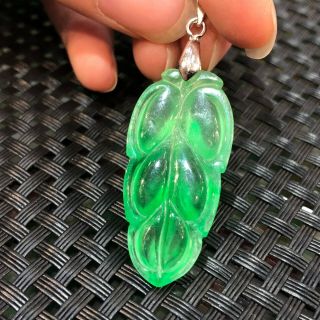 Rare Chinese S925 Silver & Natural Jadeite Jade Handwork Ice Green Leaf Pendant 6