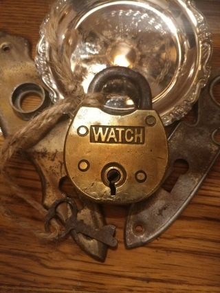 Rare Look It Up Antique " Watch " Brass Padlock With Key