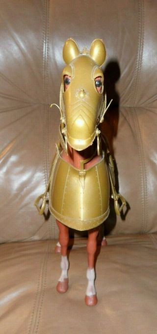 1965 Louis Marx Brown Horse on Wheels with Armor - 13 1/2 inches in height 7