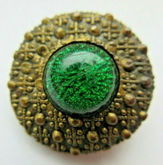 Stellar Antique Vtg Emerald Foiled Glass In Metal Button Unique 7/8 " (w)