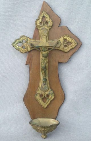 Antique French Stoup Crucifix Made Of Bronze 19th Century Jesus Cross