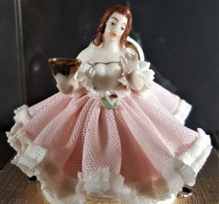 Antique Dresden REGAL LADY SITTING & WAVING Figurine Porcelain Lace 7